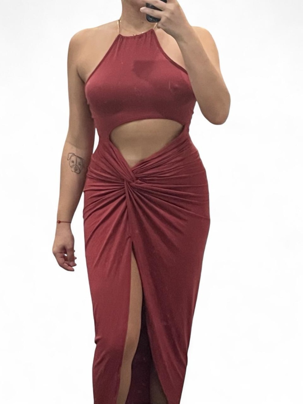 Fashion Nova Burgundy One-Shoulder Cutout Knot Maxi Dress